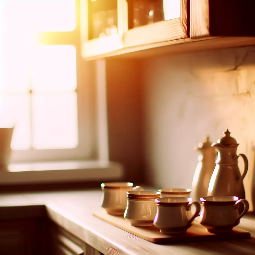Warm morning sunlight on ceramic coffee and tea cups