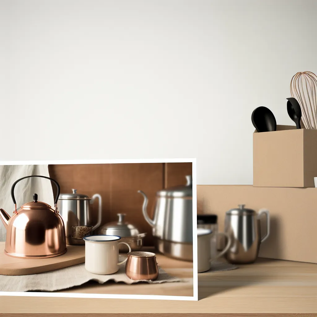 Elegant copper kettle on organized tea station