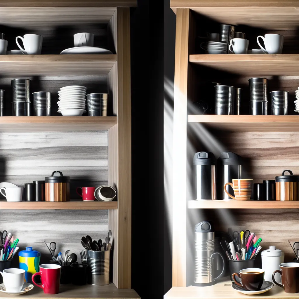 Before and after coffee shelf organization